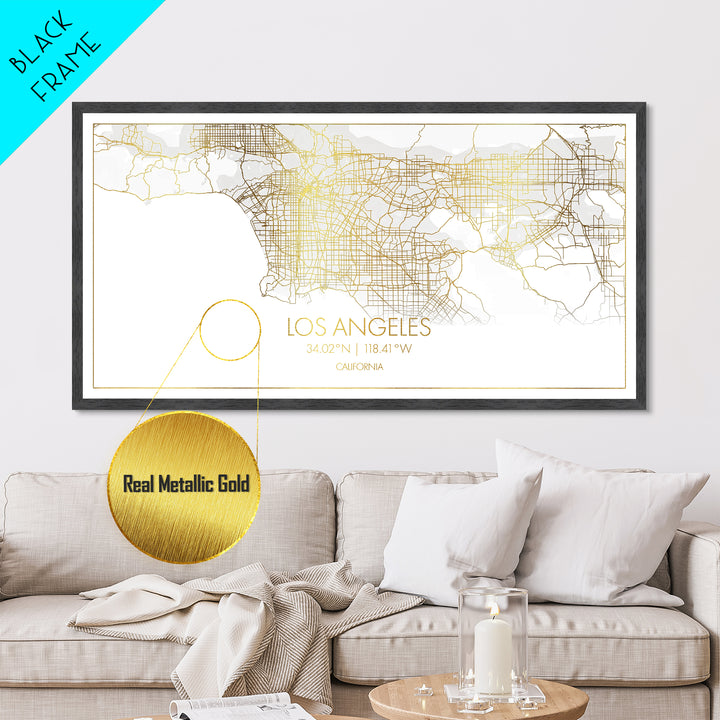 Los Angeles California City street map, Metallic Gold Print, Metal Art, wood framed map, black and gold, Street Map Art, Travel Poster
