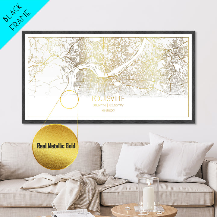 Louisville Kentucky City Poster, Metallic Gold Art, Metal Art, real wood frames, black and gold, Street Map Wall Art, Map Art
