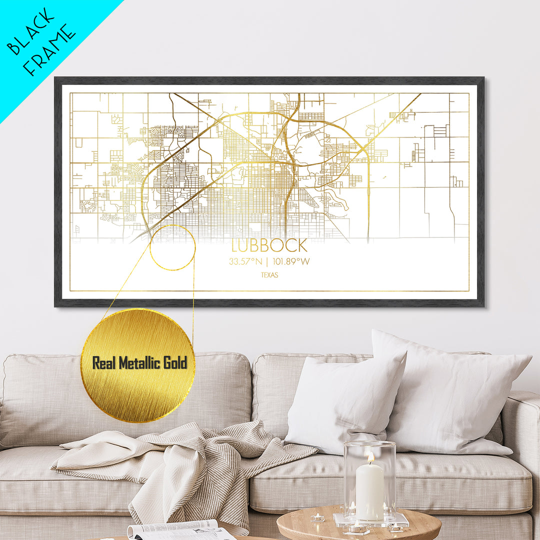 Lubbock Texas City street map, Metallic Gold Print, Metal Art, wood framed map, black and gold, Street Map Art, Best Friend Gifts