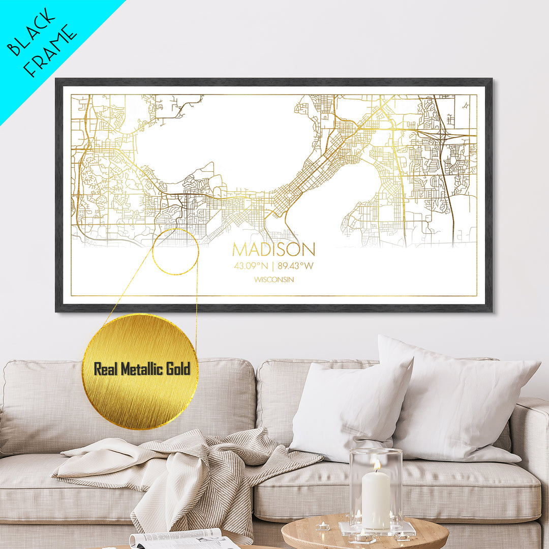 Madison Wisconsin City Poster, Metallic Gold Art, Metal Art, real wood frames, black and gold, Travel Poster, Minimalist Wall Art