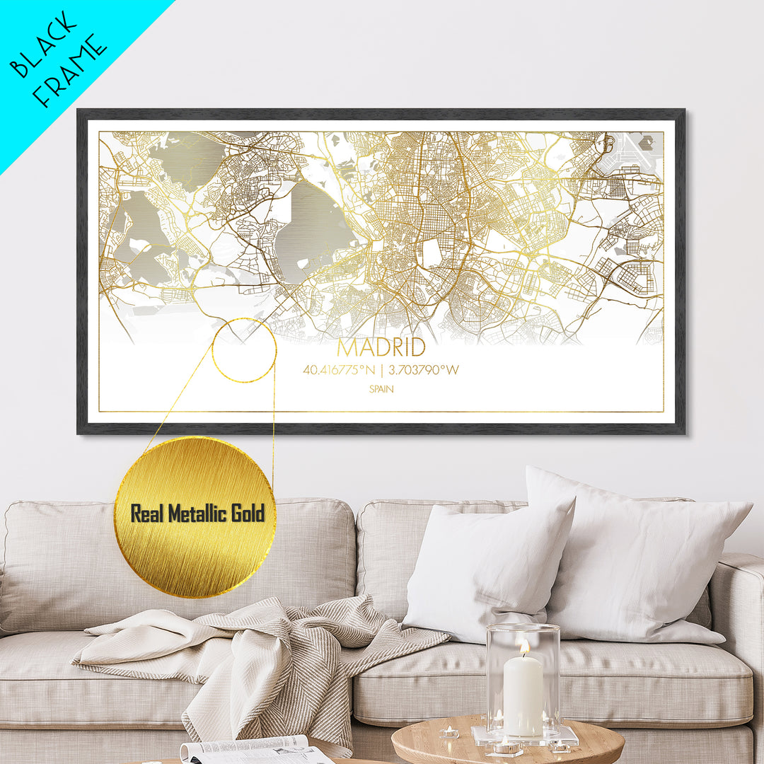 Madrid Spain City street map, Metallic Gold Print, Metal Art, wood framed map, black and gold, Street Map Wall Art, College Dorm Décor