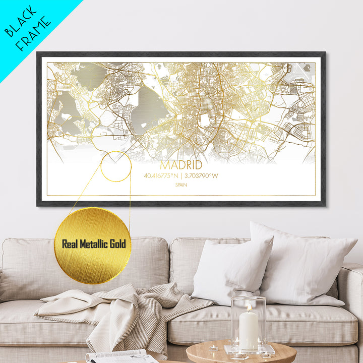 Madrid Spain City street map, Metallic Gold Print, Metal Art, wood framed map, black and gold, Street Map Wall Art, College Dorm Décor