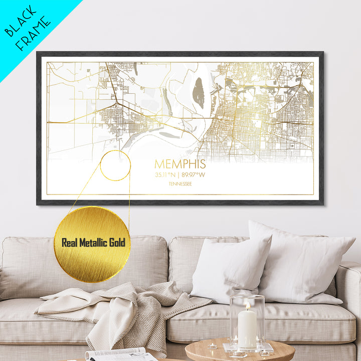 Memphis Tennessee City Poster, Metallic Gold Art, Metal Art, real wood frames, black and gold, Street Map Art, Housewarming Gift
