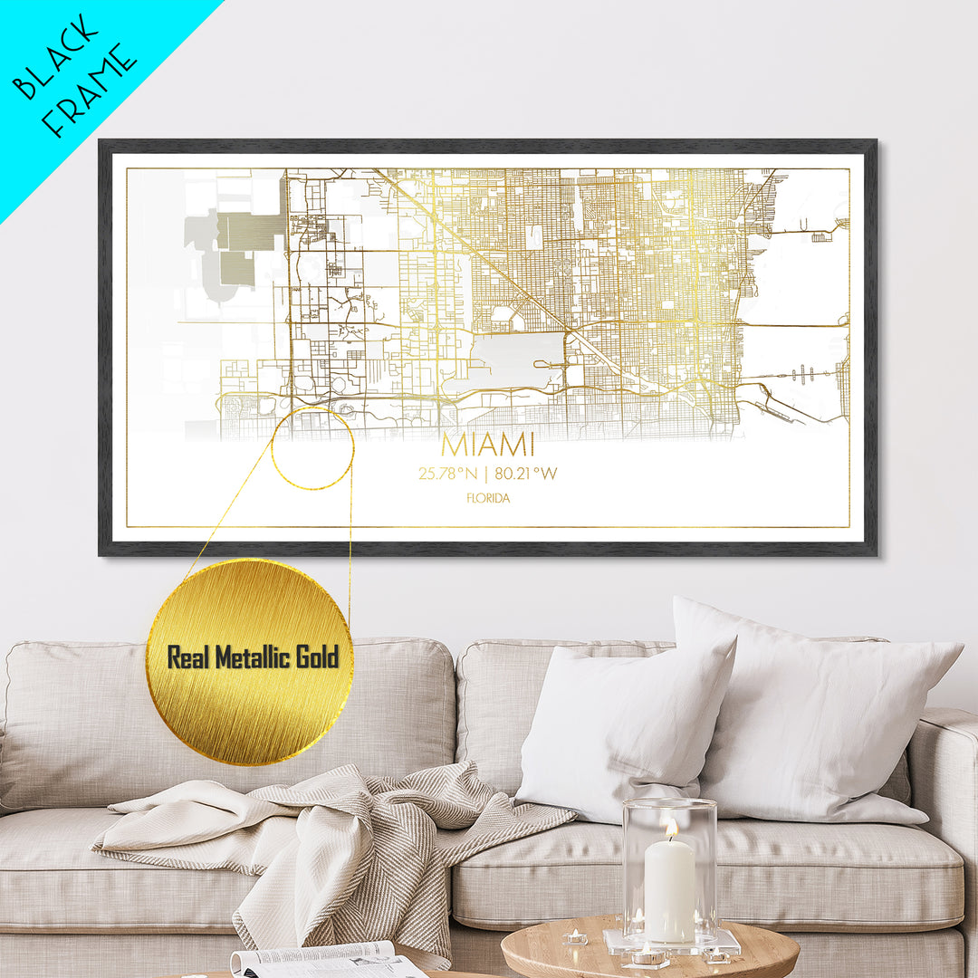 Miami Florida City Poster, Metallic Gold Art, Metal Art, real wood frames, black and gold, Street Map Art, Map Print Poster
