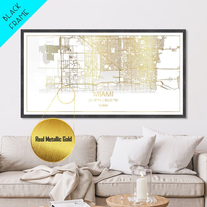 Miami Florida City Poster, Metallic Gold Art, Metal Art, real wood frames, black and gold, Street Map Art, Map Print Poster