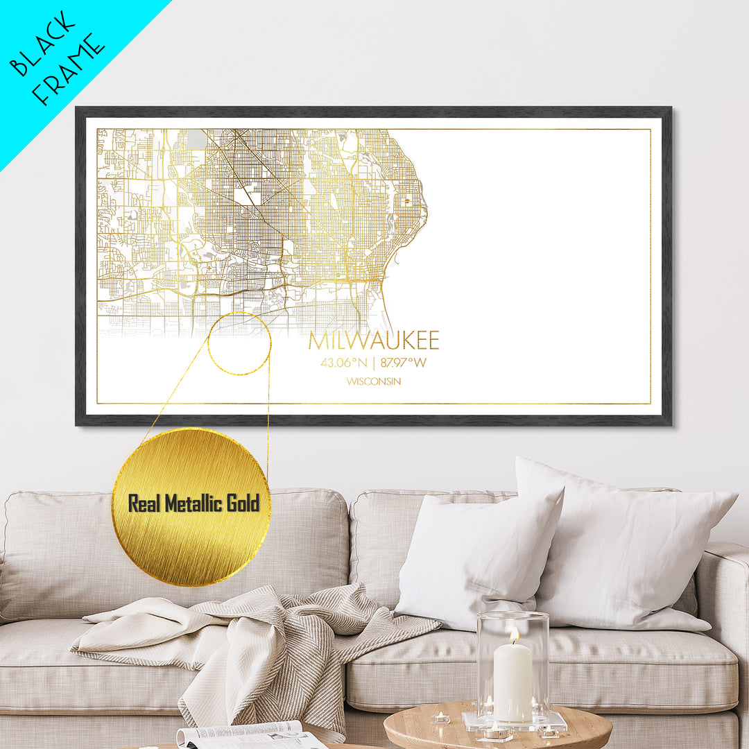 Milwaukee Wisconsin City Poster, Metallic Gold Art, Metal Art, real wood frames, black and gold, Street Map Art, Map Art