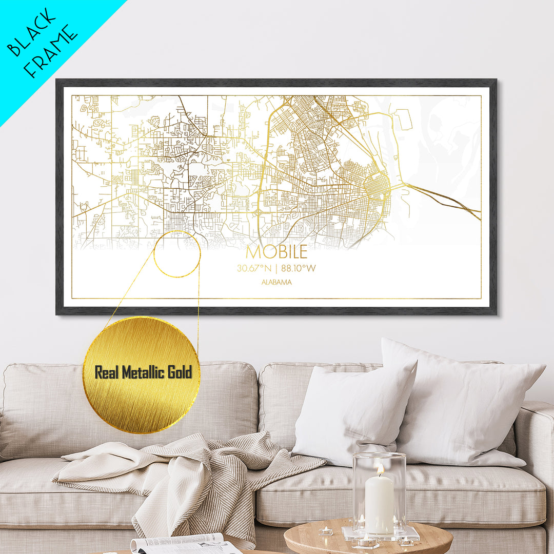Mobile Alabama City Poster, Metallic Gold Art, Metal Art, real wood frames, black and gold, Street Map Art, Housewarming Gift