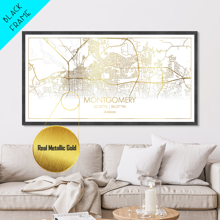 Montgomery Alabama City Poster, Metallic Gold Art, Metal Art, real wood frames, black and gold, Street Map Art, Office Decor