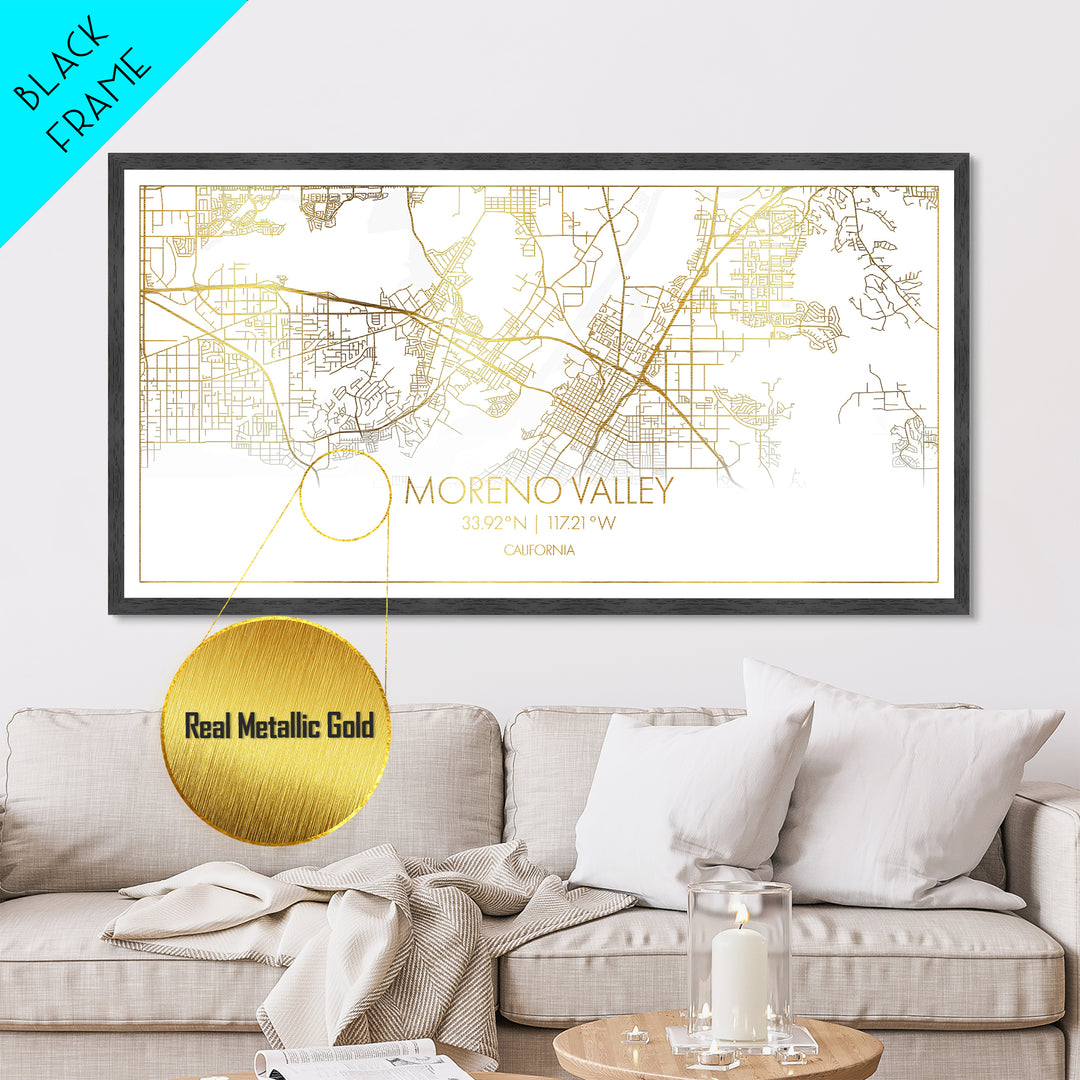 Moreno Valley California City street map, Metallic Gold Print, Metal Art, wood framed map, black and gold, Street Map Wall Art, Best Friend Gifts