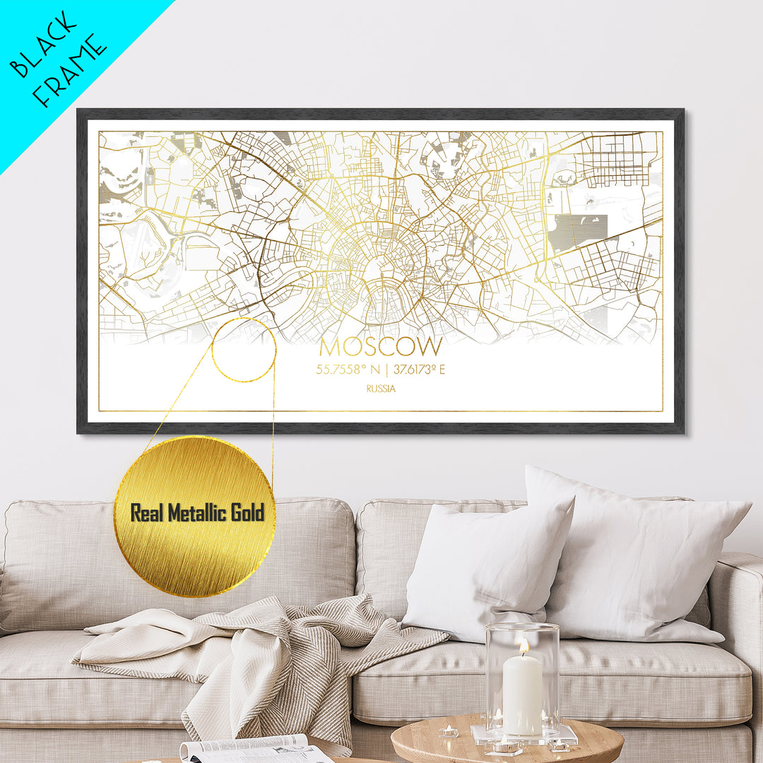 Moscow Russia City Poster, Metallic Gold Art, Metal Art, real wood frames, black and gold, Street Map Art, College Dorm Décor