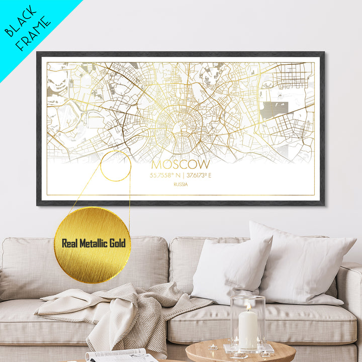 Moscow Russia City Poster, Metallic Gold Art, Metal Art, real wood frames, black and gold, Street Map Art, College Dorm Décor