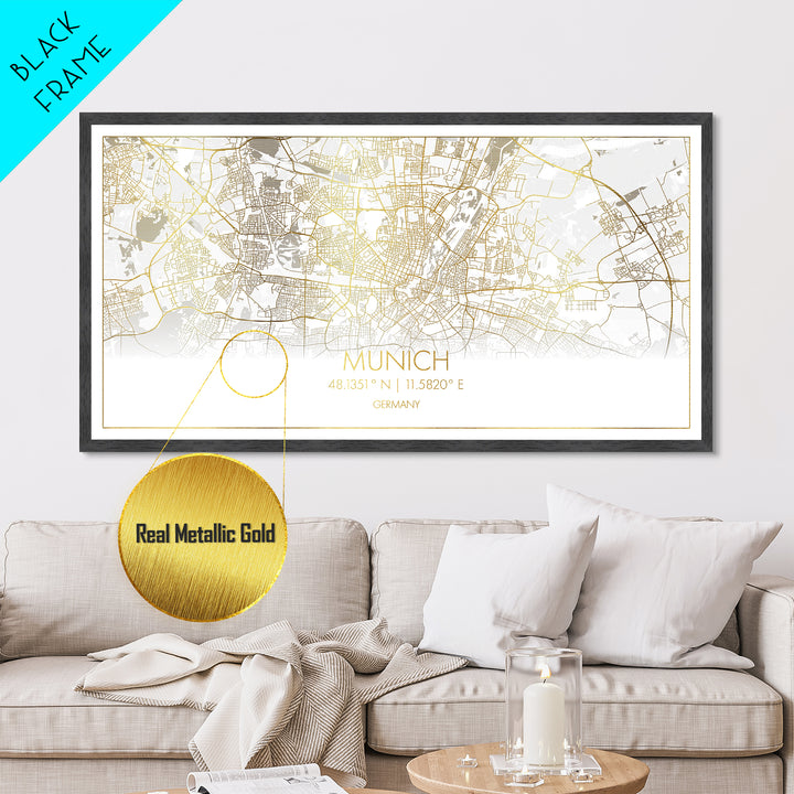 Munich Germany City street map, Metallic Gold Print, Metal Art, wood framed map, black and gold, Street Map Wall Art, Housewarming Gift
