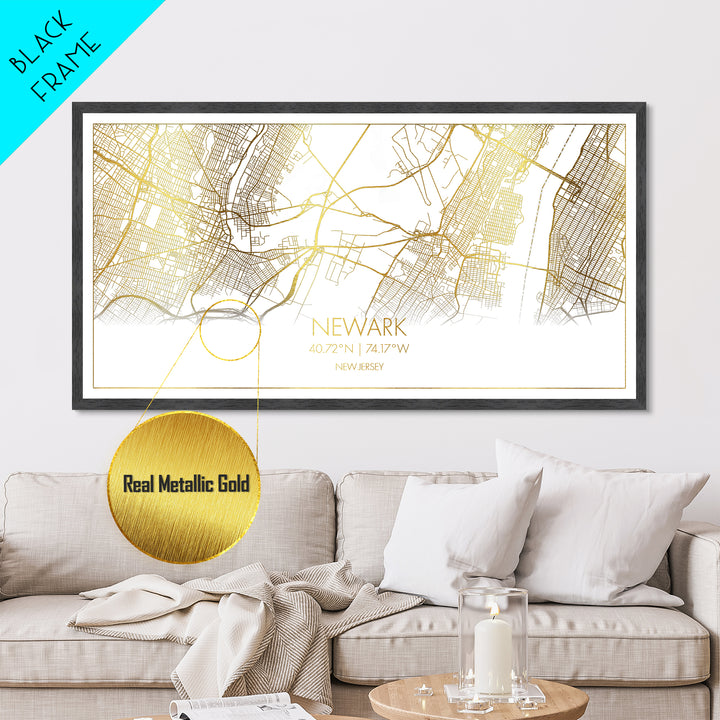 Newark New Jersey City street map, Metallic Gold Print, Metal Art, wood framed map, black and gold, Street Map Wall Art, Office Decor