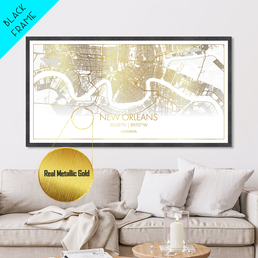 New Orleans Louisiana City Poster, Metallic Gold Art, Metal Art, real wood frames, black and gold, Street Map Art, Housewarming Gift