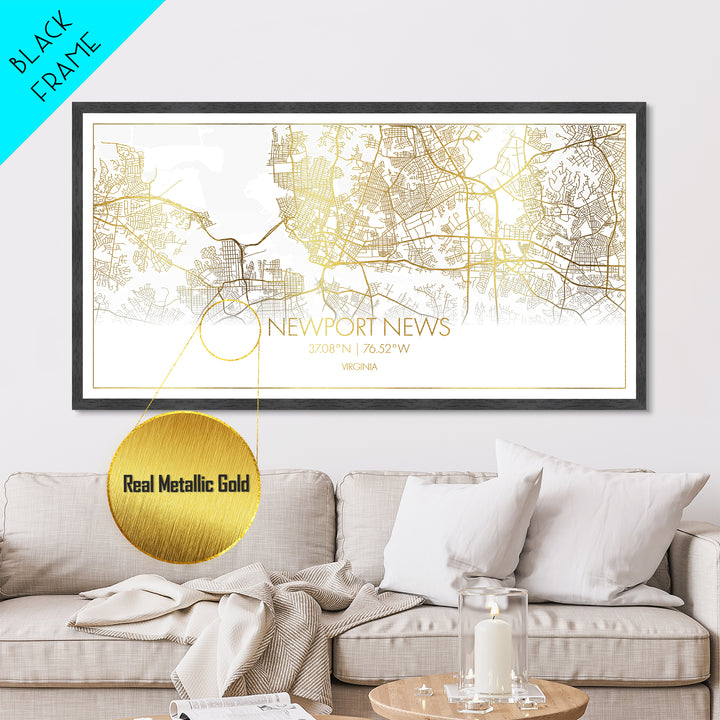 Newport News Virginia City street map, Metallic Gold Print, Metal Art, wood framed map, black and gold, Street Map Wall Art, Travel Poster