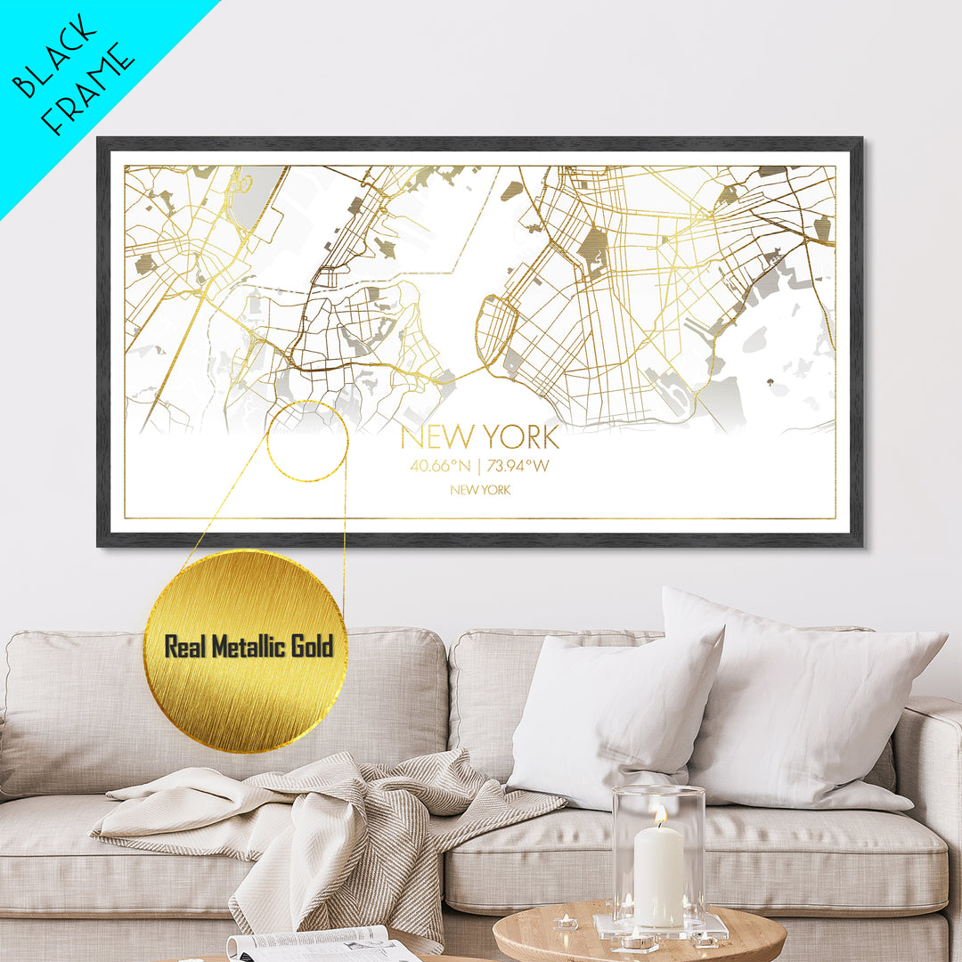 New York New York City Poster, Metallic Gold Art, Metal Art, real wood frames, black and gold, Street Map Art, College Dorm Décor