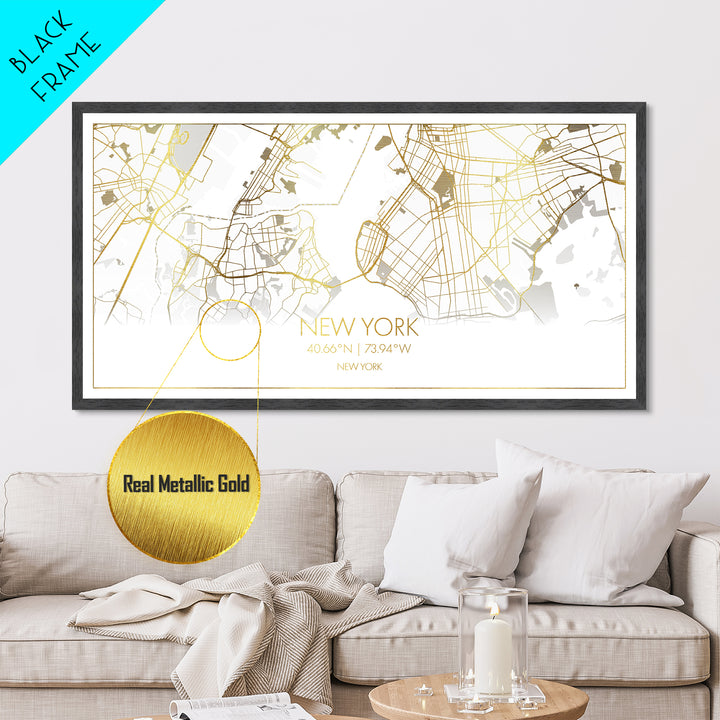 New York New York City Poster, Metallic Gold Art, Metal Art, real wood frames, black and gold, Street Map Art, College Dorm Décor
