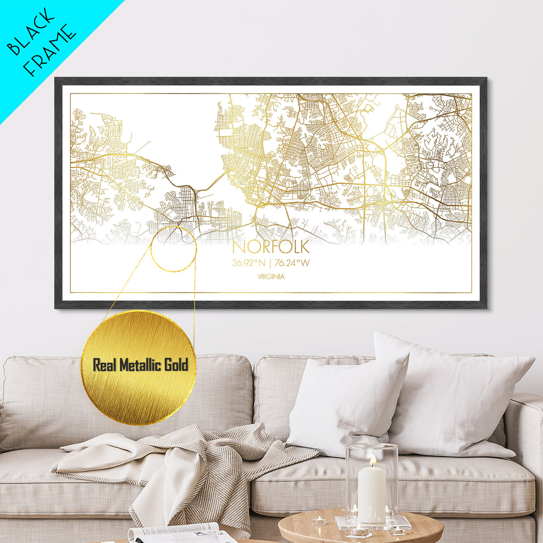 Norfolk Virginia City street map, Metallic Gold Print, Metal Art, wood framed map, black and gold, Street Map Wall Art, Best Friend Gifts