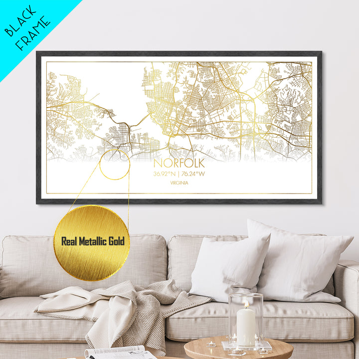 Norfolk Virginia City street map, Metallic Gold Print, Metal Art, wood framed map, black and gold, Street Map Wall Art, Best Friend Gifts