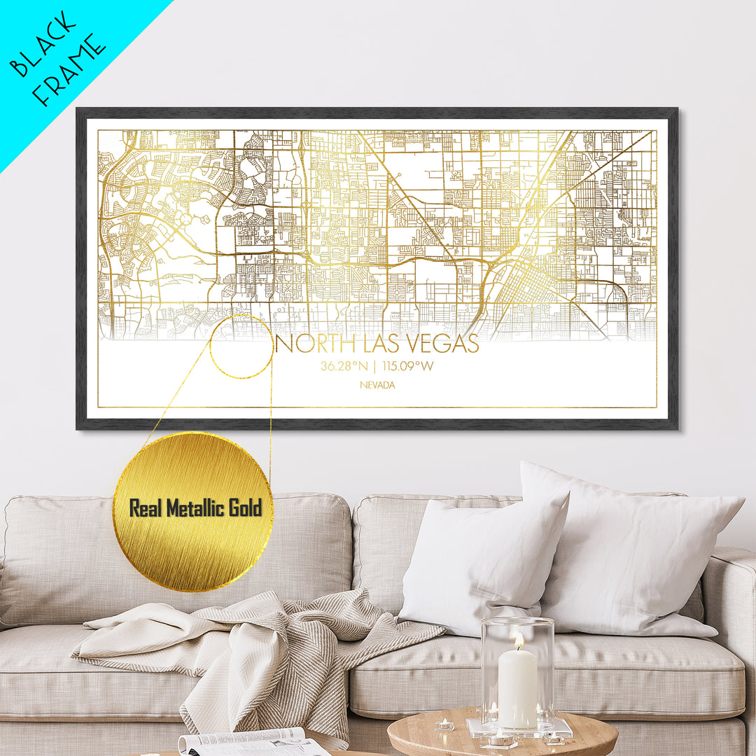 North Las Vegas Nevada City Poster, Metallic Gold Art, Metal Art, real wood frames, black and gold, Street Map Art, Modern House Art
