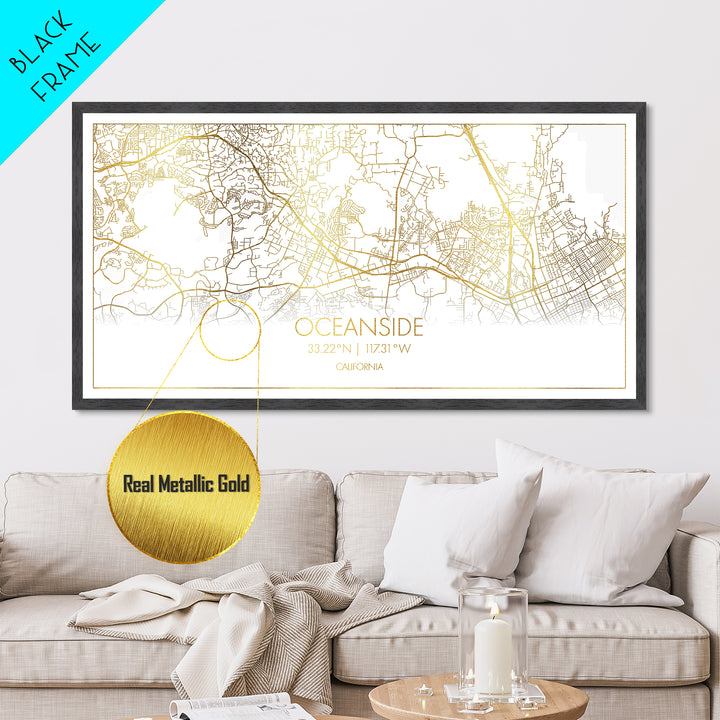 Oceanside California City Poster, Metallic Gold Art, Metal Art, real wood frames, black and gold, Street Map Art, Housewarming Gift