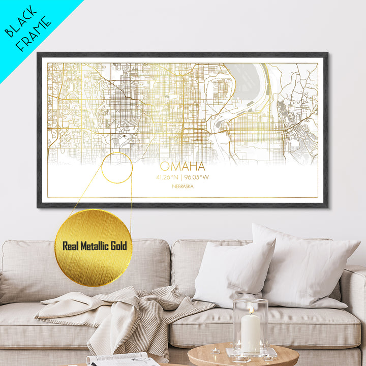 Omaha Nebraska City Poster, Metallic Gold Art, Metal Art, real wood frames, black and gold, Street Map Art, Best Friend Gifts
