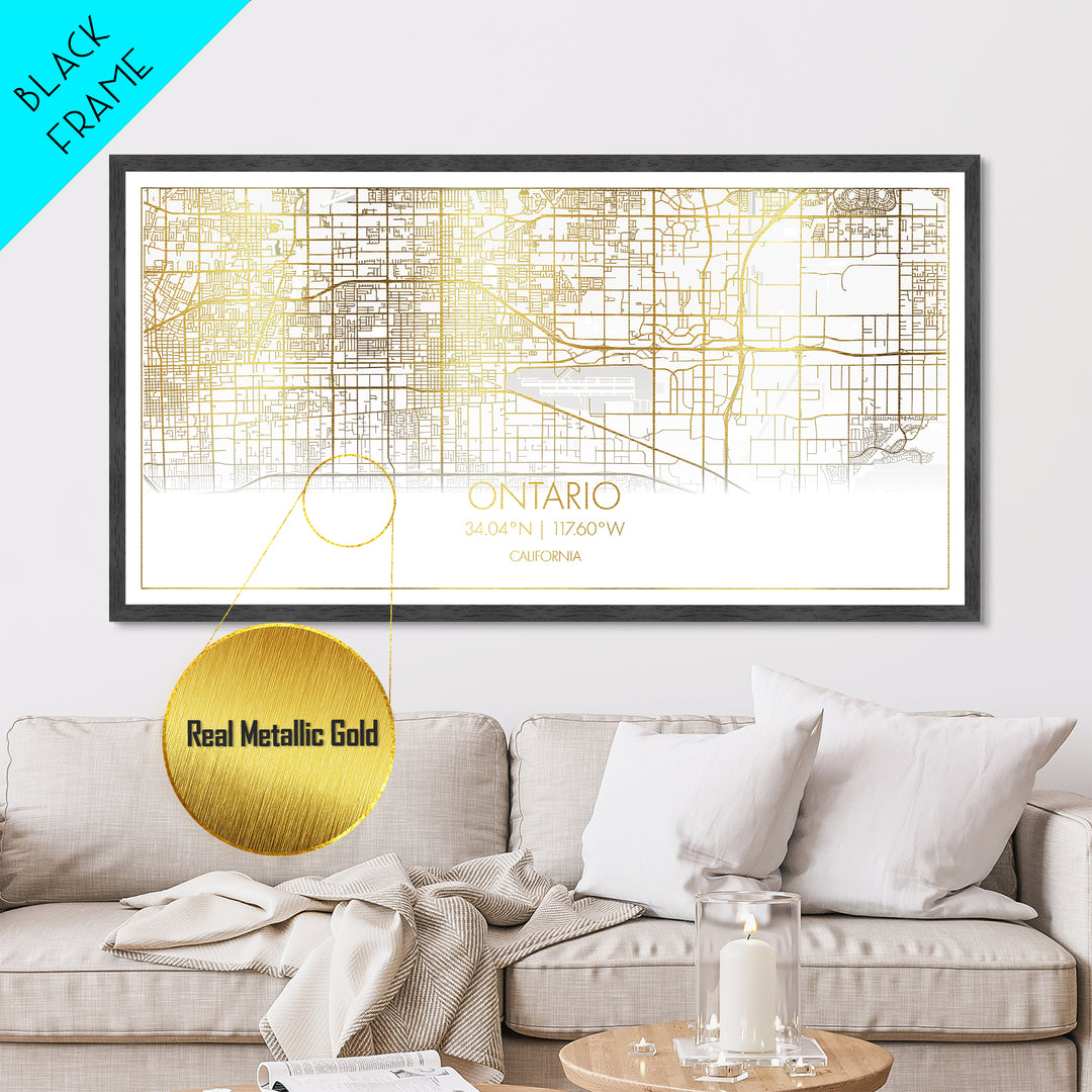Ontario California City street map, Metallic Gold Print, Metal Art, wood framed map, black and gold, Street Map Wall Art, Minimalist Wall Art