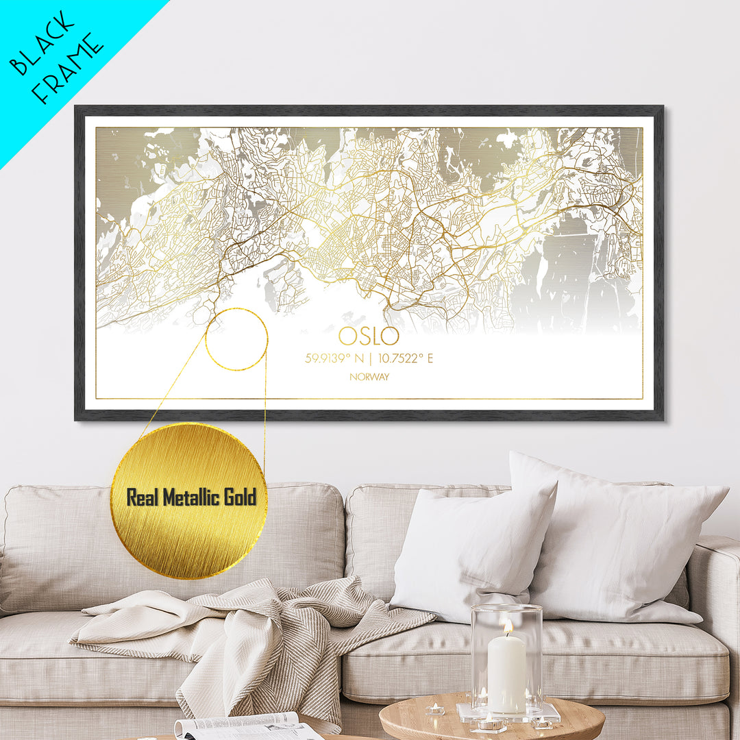 Oslo Norway City street map, Metallic Gold Print, Metal Art, wood framed map, black and gold, Street Map Art, Minimalist Wall Art