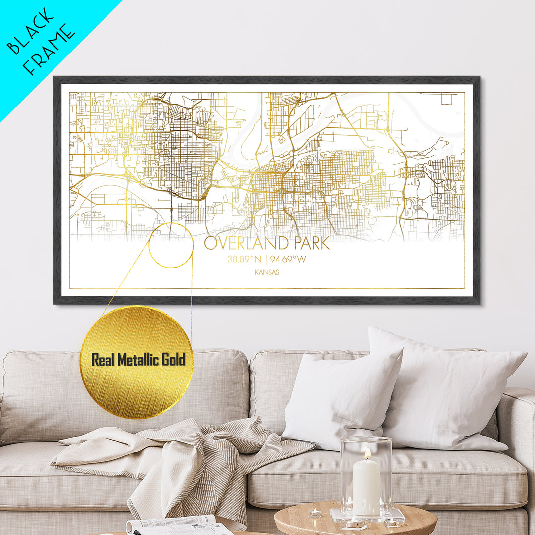 Overland Park Kansas City Poster, Metallic Gold Art, Metal Art, real wood frames, black and gold, Street Map Wall Art, Modern Wall Art