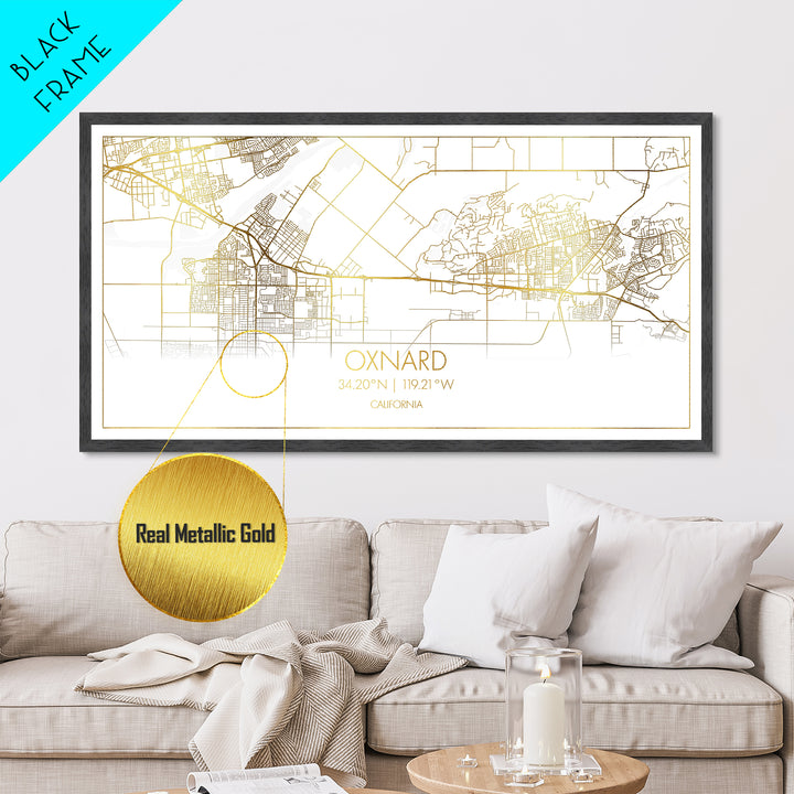 Oxnard California City street map, Metallic Gold Print, Metal Art, wood framed map, black and gold, Street Map Art, Housewarming Gift