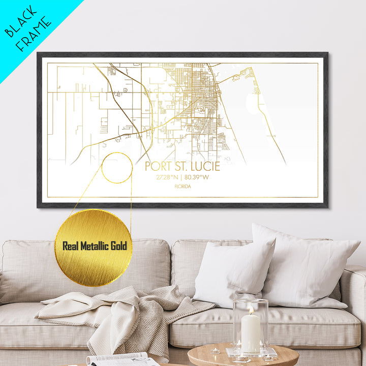 Port St. Lucie Florida City Poster, Metallic Gold Art, Metal Art, real wood frames, black and gold, Street Map Wall Art, Housewarming Gift