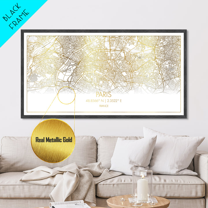 Paris France City Poster, Metallic Gold Art, Metal Art, real wood frames, black and gold, Street Map Wall Art, Gold Street Map Art
