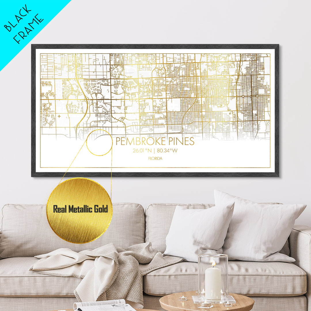 Pembroke Pines Florida City street map, Metallic Gold Print, Metal Art, wood framed map, black and gold, Street Map Art, Best Friend Gifts