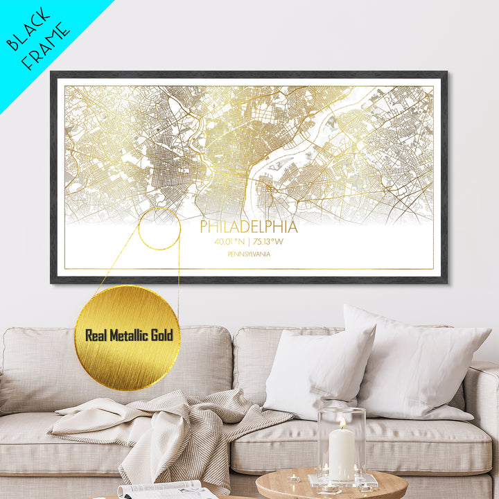 Philadelphia Pennsylvania City street map, Metallic Gold Print, Metal Art, wood framed map, black and gold, Street Map Art, Housewarming Gift