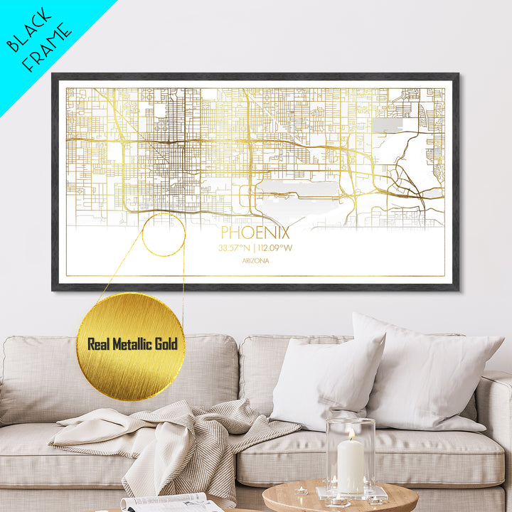 Phoenix Arizona City Poster, Metallic Gold Art, Metal Art, real wood frames, black and gold, Street Map Wall Art, Minimalist Wall Art