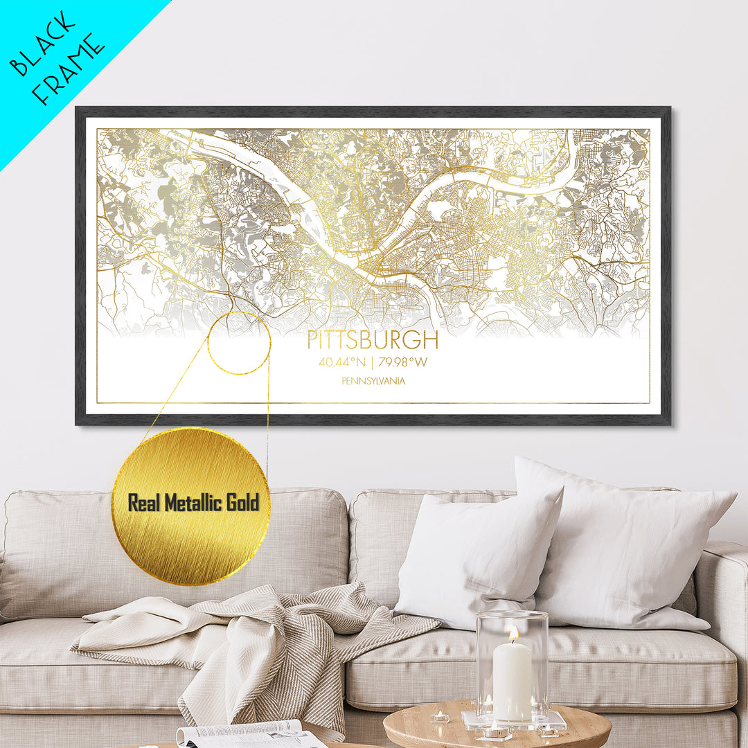 Pittsburgh Pennsylvania City street map, Metallic Gold Print, Metal Art, wood framed map, black and gold, Street Map Art, Real Wood Frames