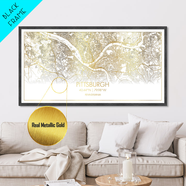 Pittsburgh Pennsylvania City street map, Metallic Gold Print, Metal Art, wood framed map, black and gold, Street Map Art, Real Wood Frames