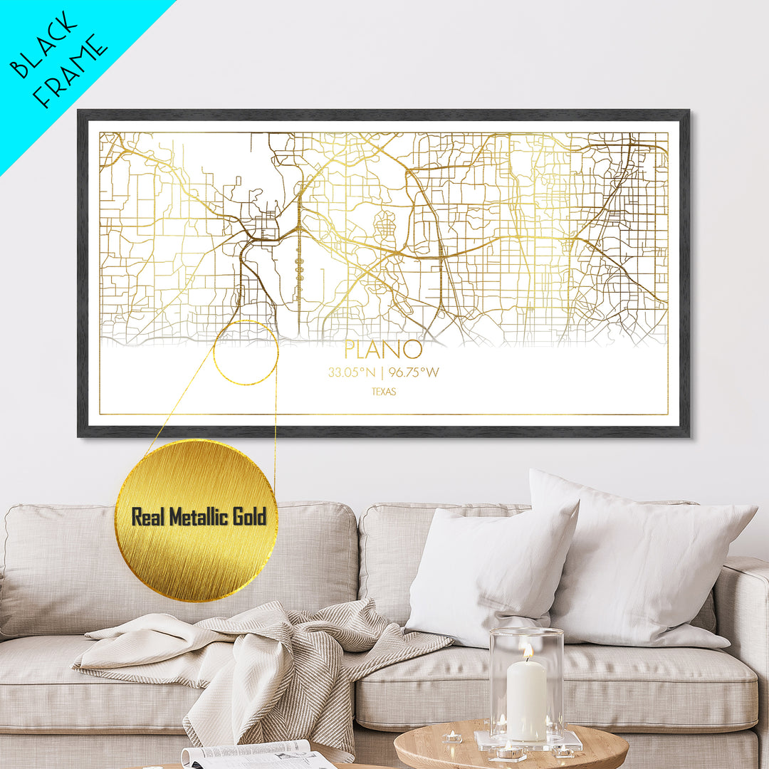 Plano Texas City Poster, Metallic Gold Art, Metal Art, real wood frames, black and gold, Street Map Wall Art, Gold Street Map Art