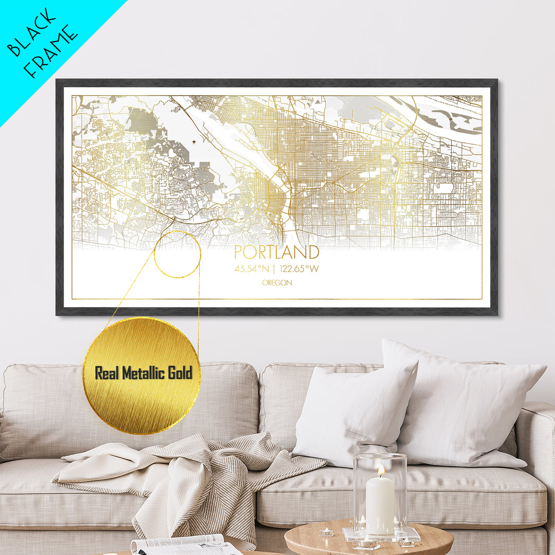Portland Oregon City street map, Metallic Gold Print, Metal Art, wood framed map, black and gold, Street Map Art, Travel Poster