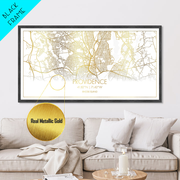 Providence Rhode Island City Poster, Metallic Gold Art, Metal Art, real wood frames, black and gold, Street Map Wall Art, Modern House Art