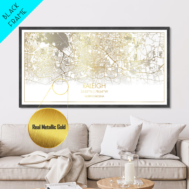 Raleigh North Carolina City street map, Metallic Gold Print, Metal Art, wood framed map, black and gold, Street Map Art, Minimalist Wall Art
