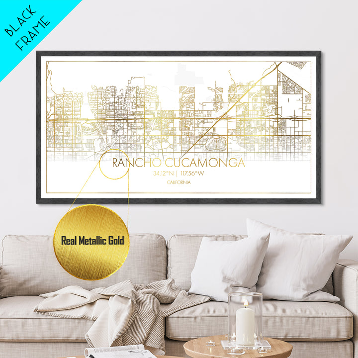 Rancho Cucamonga California City Poster, Metallic Gold Art, Metal Art, real wood frames, black and gold, Street Map Wall Art, College Dorm Décor