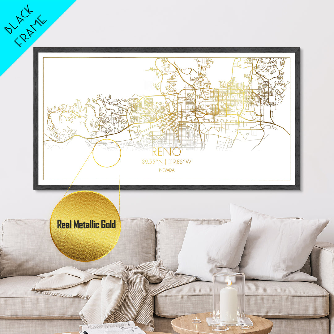 Reno Nevada City street map, Metallic Gold Print, Metal Art, wood framed map, black and gold, Street Map Art, Office Decor