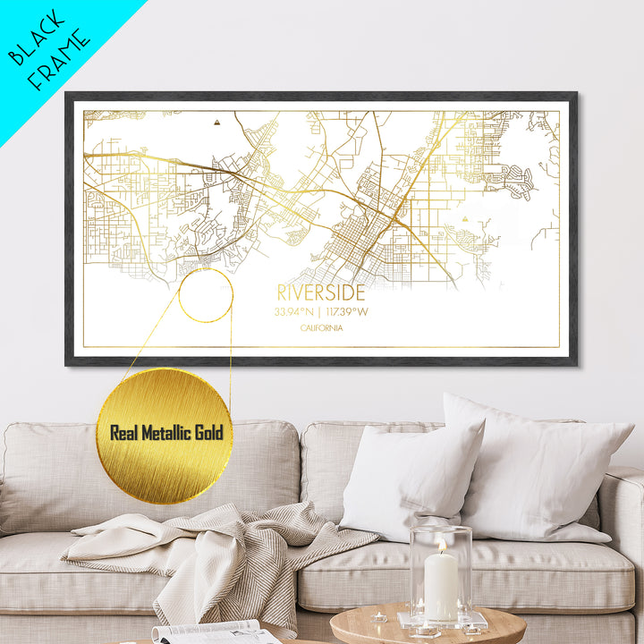 Riverside California City street map, Metallic Gold Print, Metal Art, wood framed map, black and gold, Street Map Art, Real Wood Frames