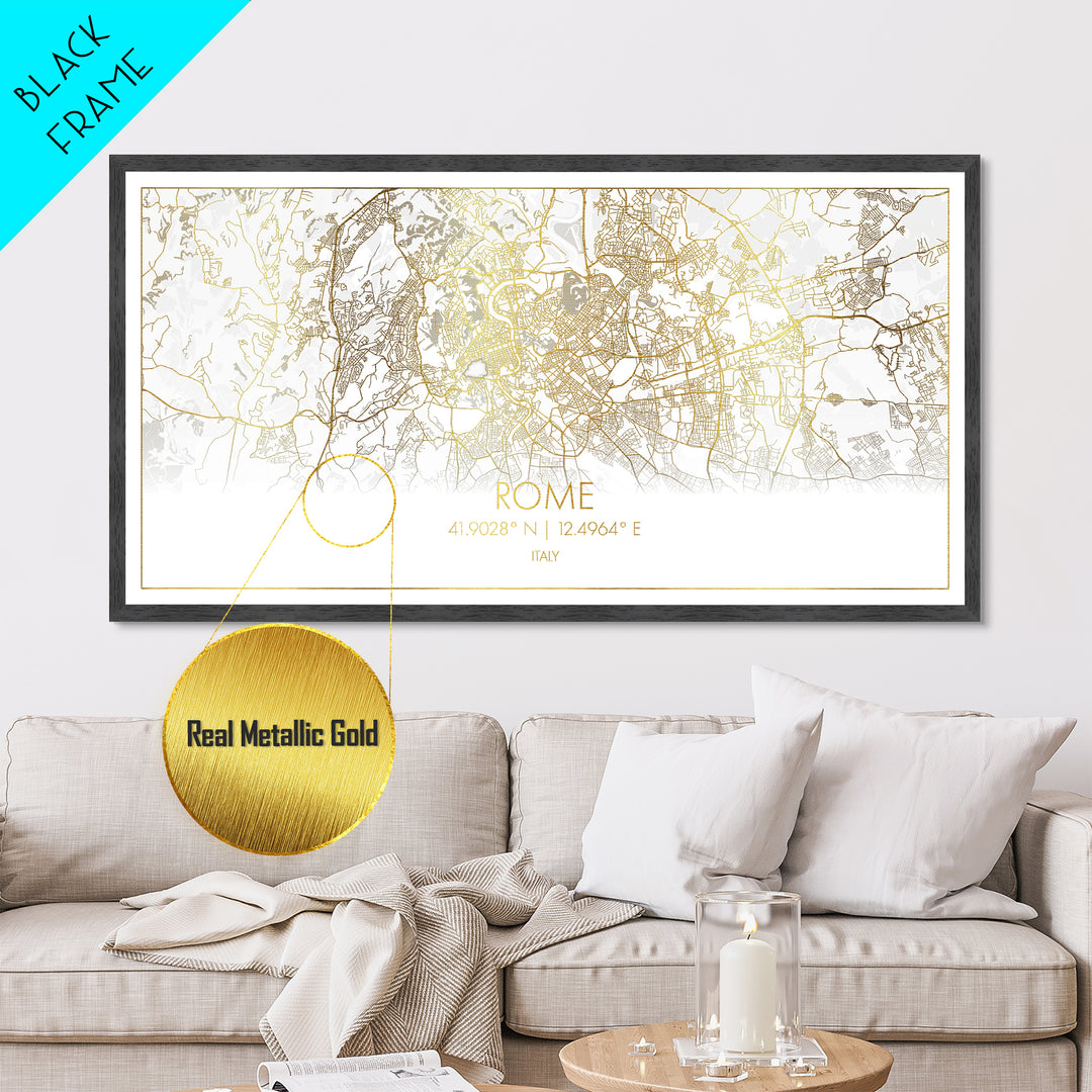 Rome Italy City street map, Metallic Gold Print, Metal Art, wood framed map, black and gold, Street Map Art, Modern Wall Art