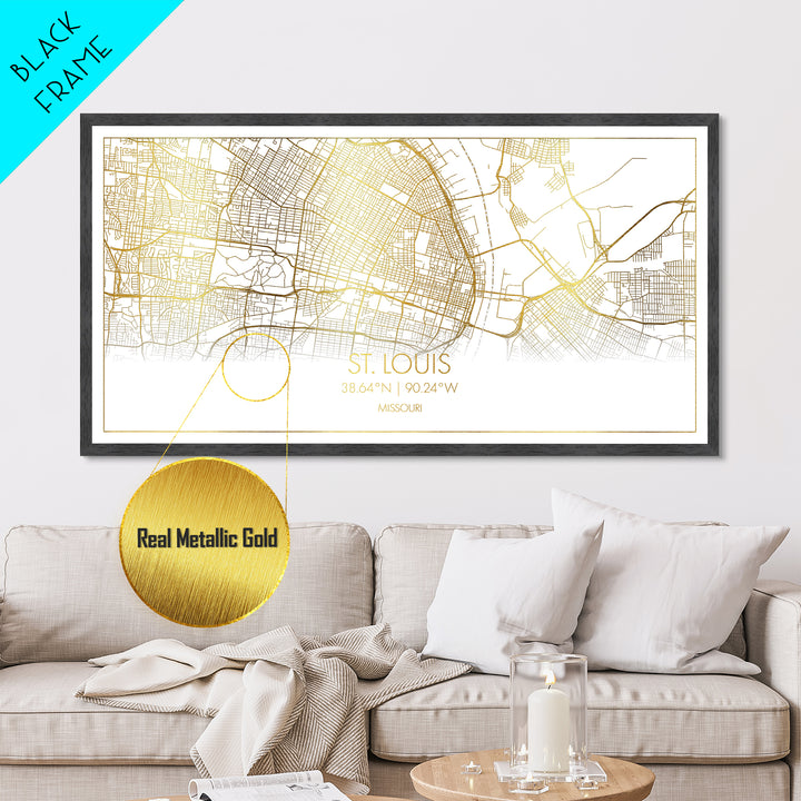 St. Louis Missouri City street map, Metallic Gold Print, Metal Art, wood framed map, black and gold, Street Map Art, Gold Street Map Art