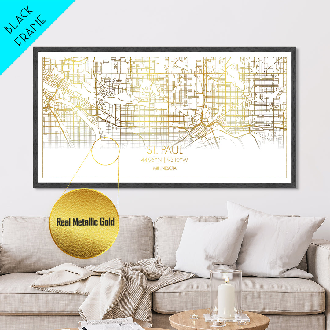 St. Paul Minnesota City Poster, Metallic Gold Art, Metal Art, real wood frames, black and gold, Street Map Wall Art, Map Art