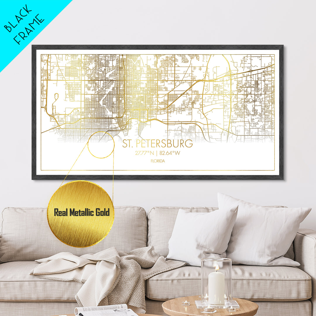 St. Petersburg Florida City street map, Metallic Gold Print, Metal Art, wood framed map, black and gold, Street Map Art, Real Wood Frames