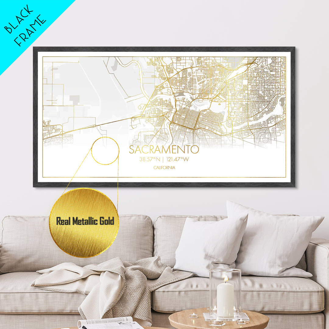Sacramento California City Poster, Metallic Gold Art, Metal Art, real wood frames, black and gold, Street Map Wall Art, Minimalist Wall Art
