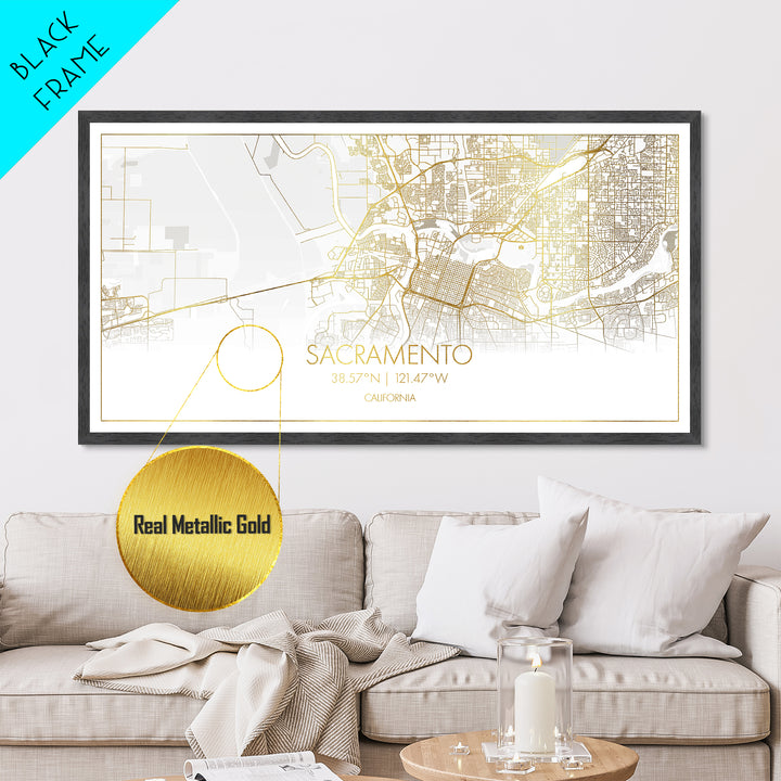 Sacramento California City Poster, Metallic Gold Art, Metal Art, real wood frames, black and gold, Street Map Wall Art, Minimalist Wall Art
